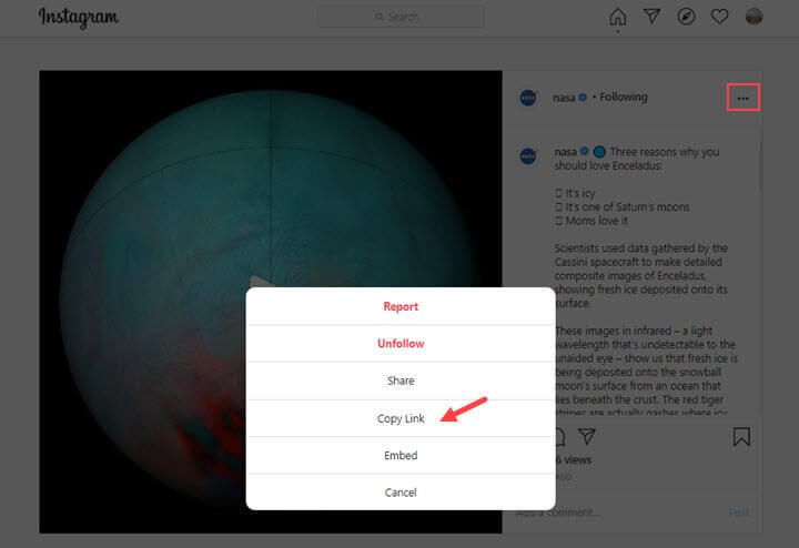 Ouvrez la vidéo Instagram voulue et copiez le lien de son adresse