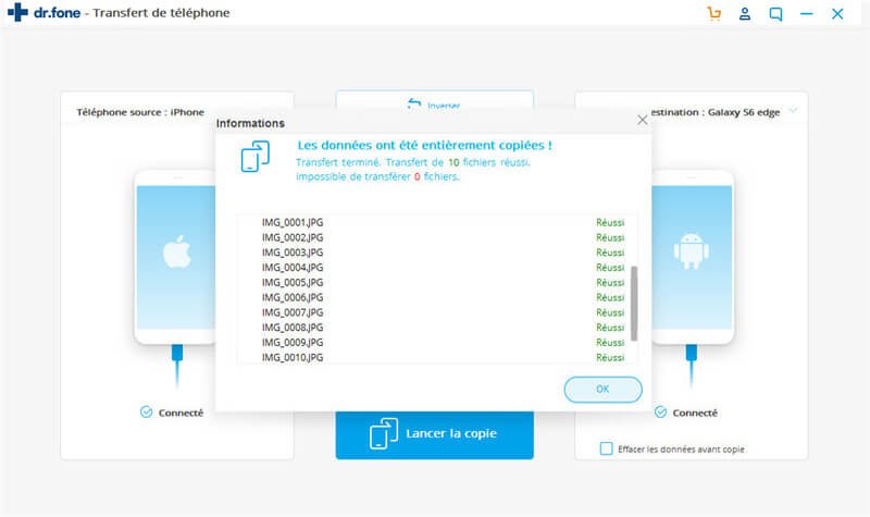 transférés vers le téléphone cible avec succès
