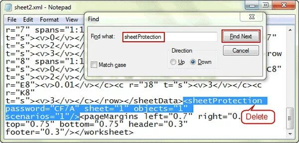 Appuyez simultanément sur les touches « Ctrl » + « F » et recherchez « SheetProtection »