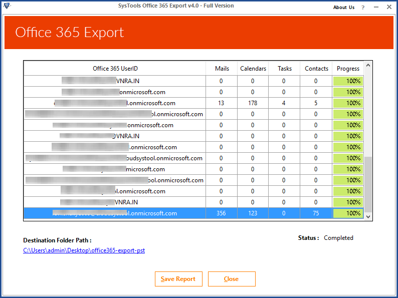 Toutes les boîtes aux lettres Office 365 seront exportées vers le format PST. Lorsque le processus sera terminé, cliquez sur le bouton « Save Report », vous pourrez alors ensuite utiliser le fichier PST résultant dans n’importe quelle version d’Outlook.