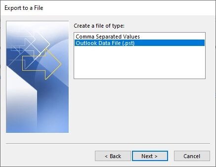 Sélectionnez « Fichier de données Outlook (.pst) ».