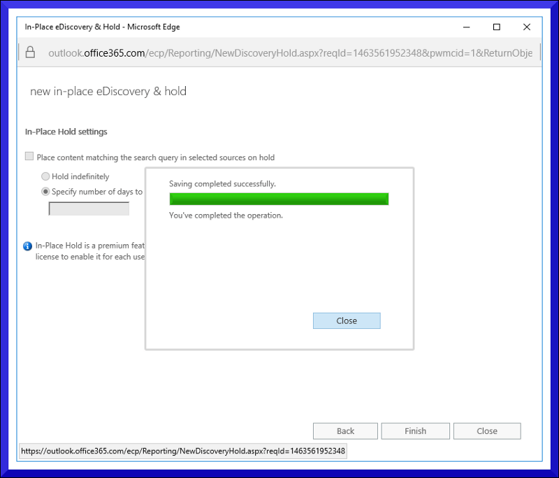 Dans la boîte de dialogue « Paramètres de conversation sur place » qui s’affichera, veuillez indiquer le nombre de jours de conservation des éléments avant leur suppression du serveur Microsoft. Puis, cliquez sur le bouton « Terminer ».