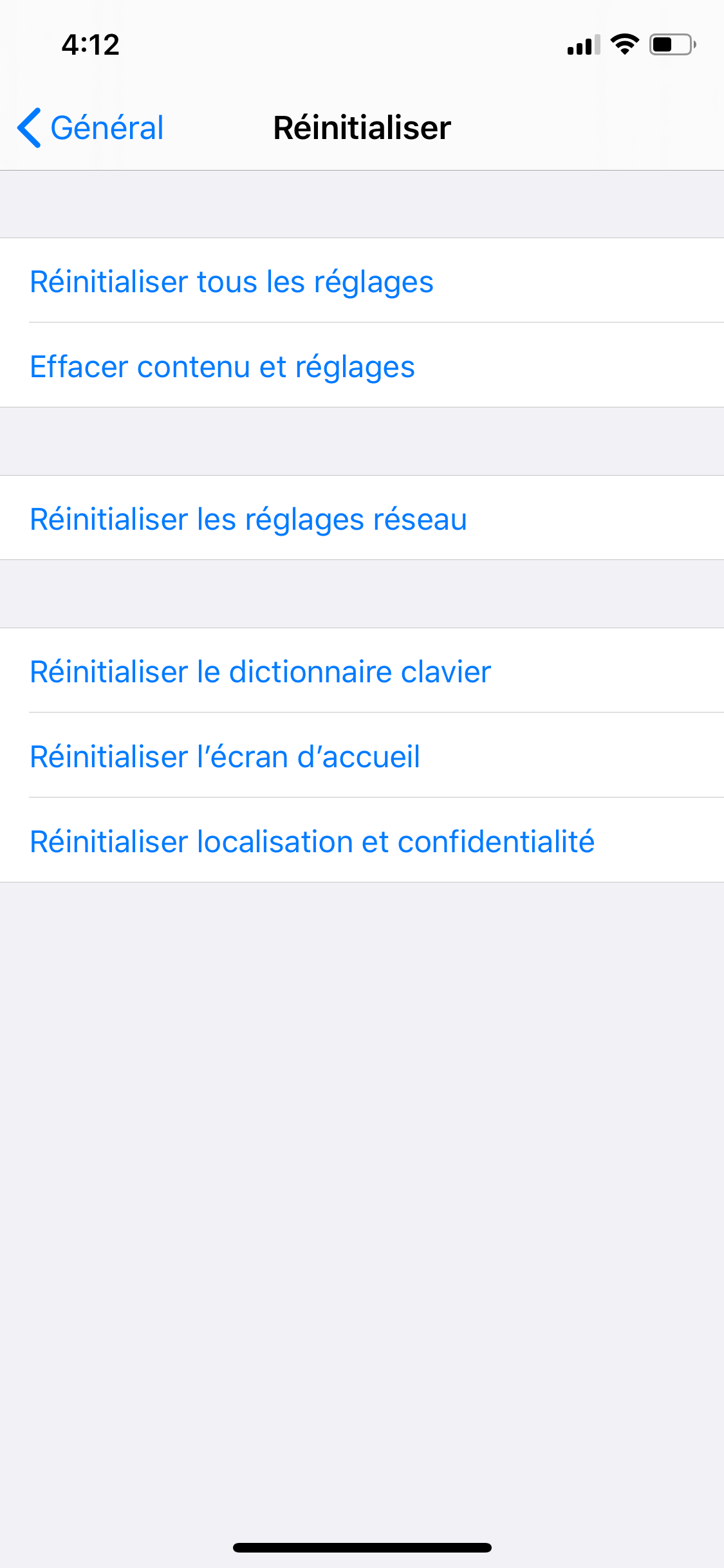 Réglages Général Réinitialiser