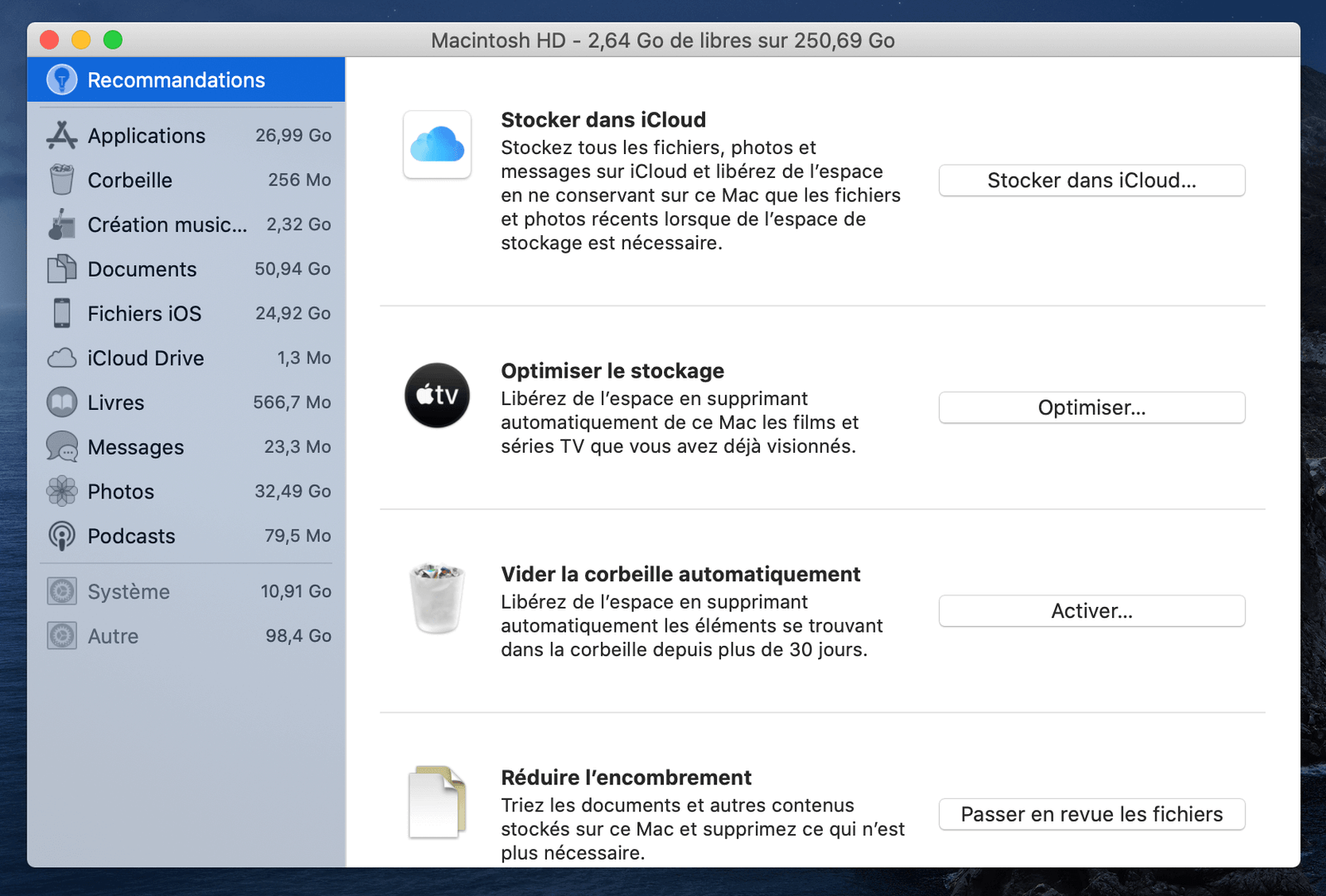 Utiliser l’outil d’optimisation de stockage macOS