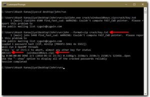 Dans l’Invite de commande, tapez « ZIP2john.execrack/VotreNomDeFichier.ZIP>crack/Key.txt »